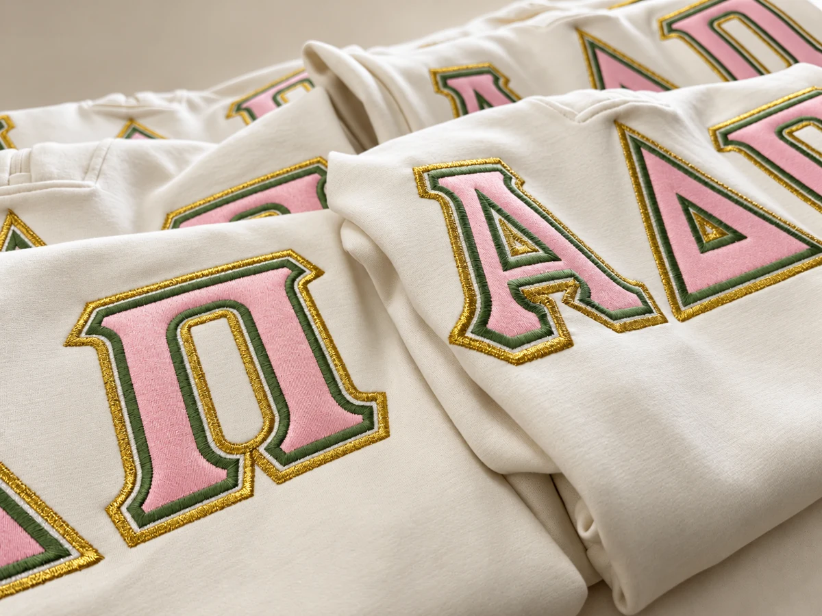 Pink and green Greek-letter embroidery with gold borders on cream apparel